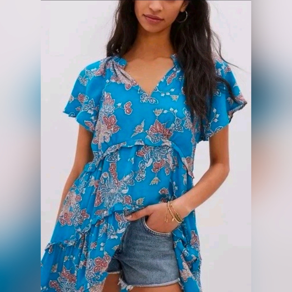 Anthropologie Robin Tiered Boho Mini Cottagecore Blue Floral Dress Size XS